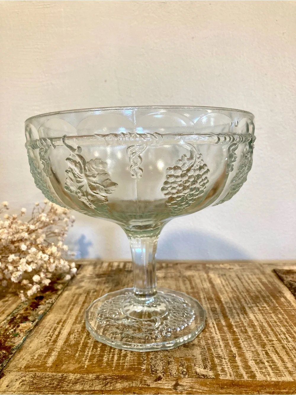 Clear Pressed Glass Compote Serving Bowl with Grape Motif 6” Tall